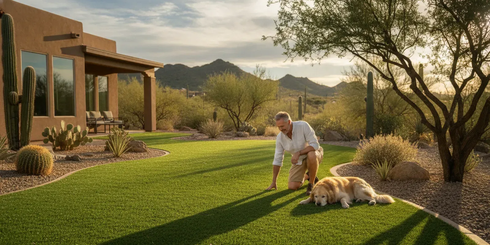 A pet owner inspecting a clean artificial turf yard in TucsonA pet owner inspecting a clean artifici