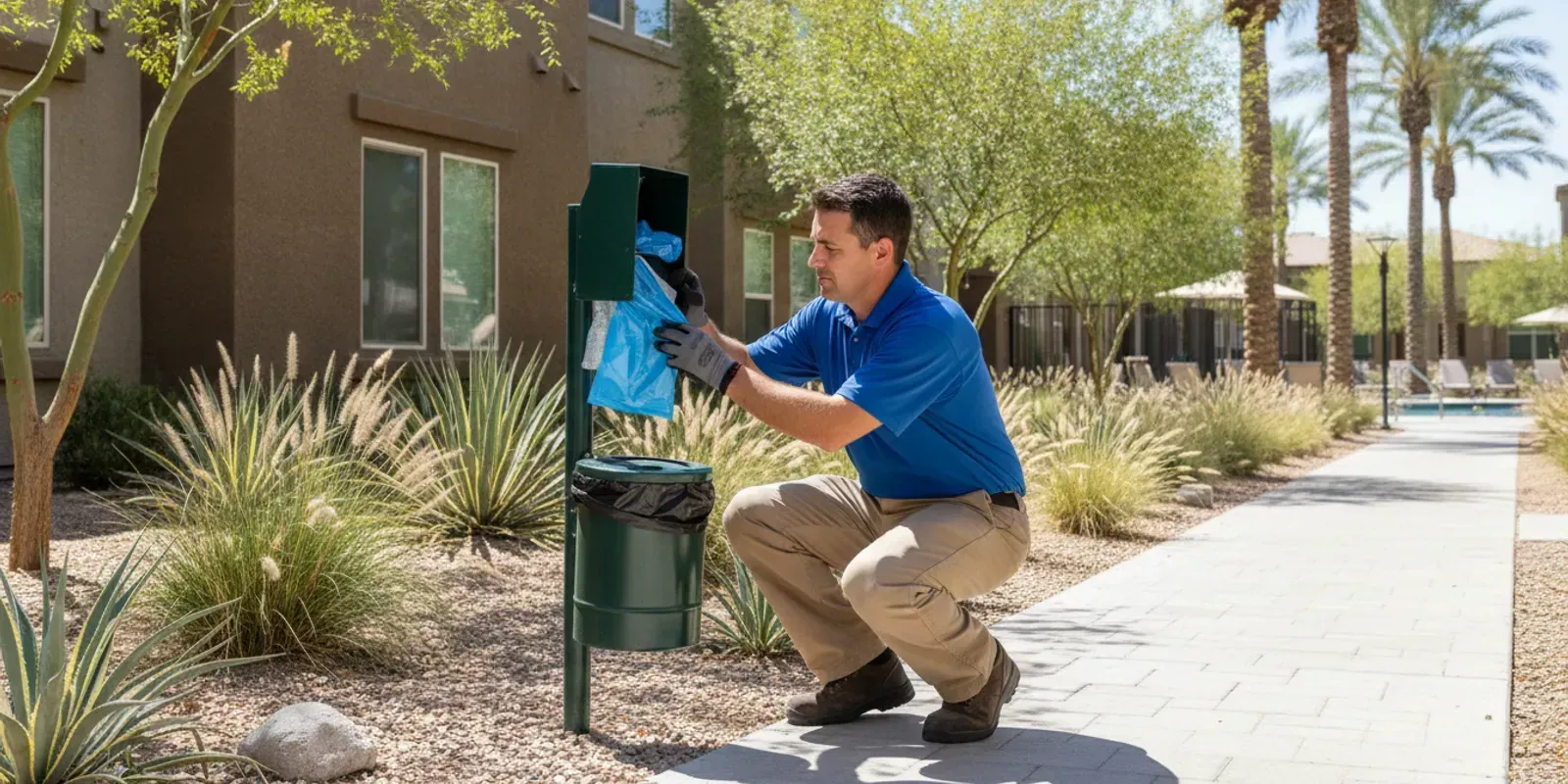 Commercial pet waste removal bid checklist Las Vegas showing a dog run, cleanup route, and waste sta