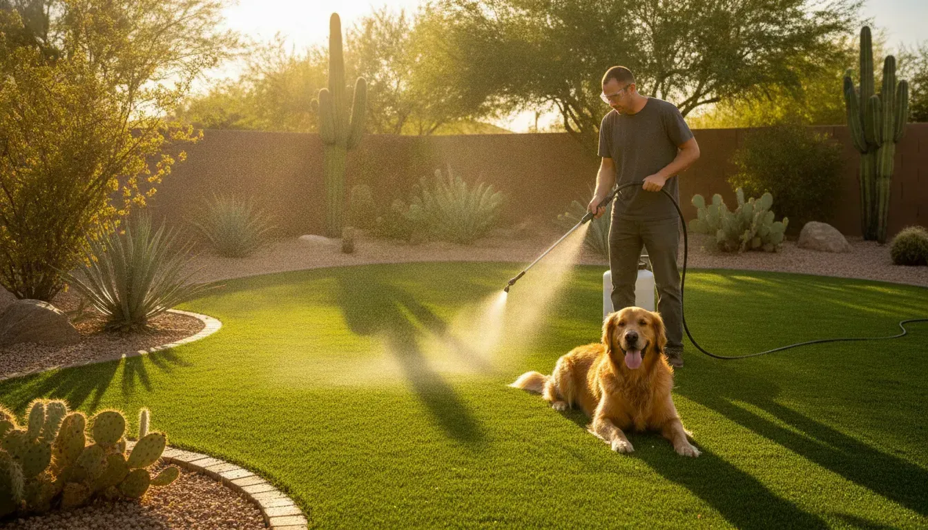 A1 technician rinsing bright artificial grass with a cleaning wand in a sunny Las Vegas dog-friendly backyard