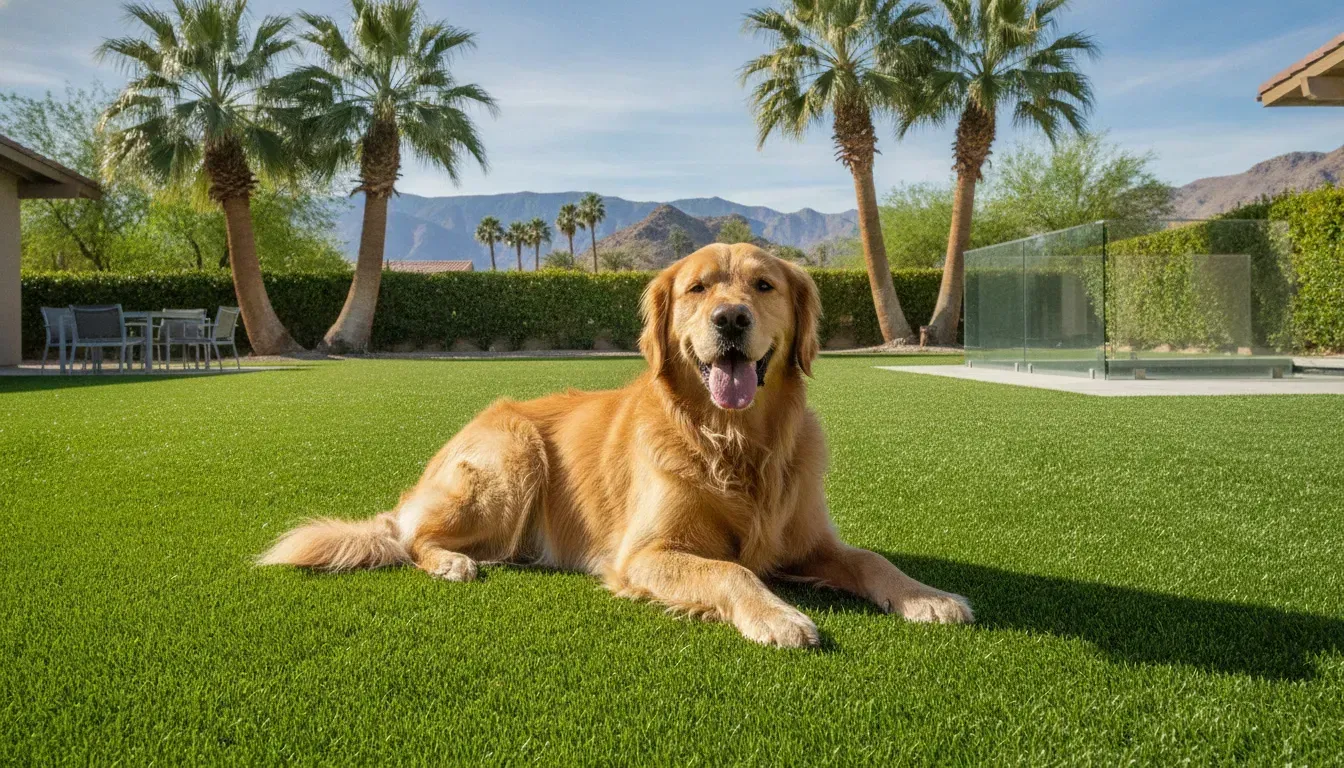 A golden retriever relaxing on clean artificial turf in a Las Vegas backyard