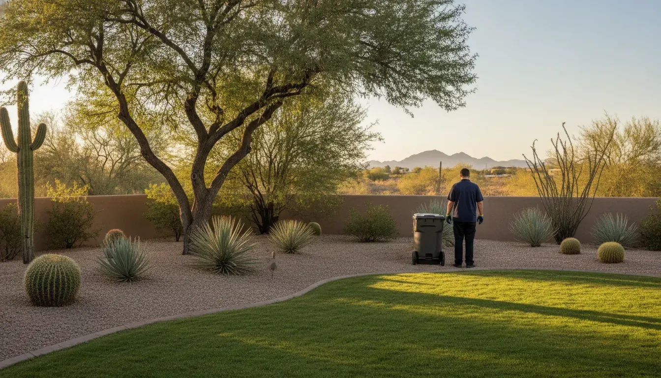A pet waste technician beside a bin in a clean Tucson desert backyard