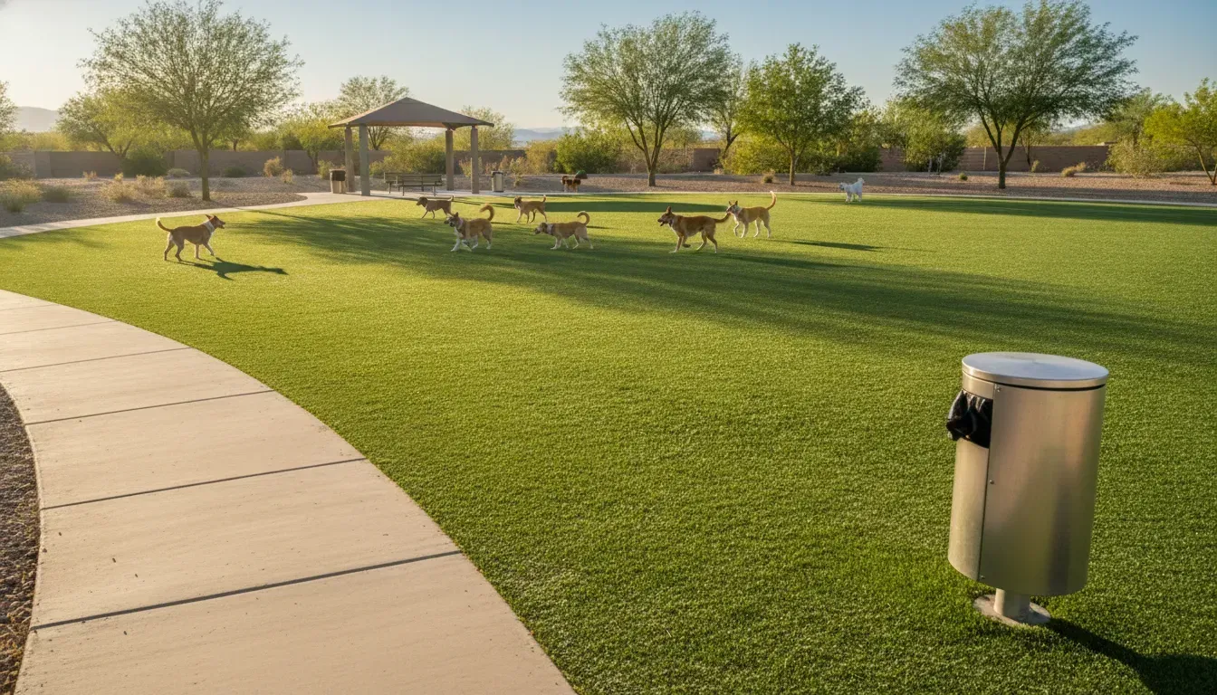 Bright, clean municipal dog park with maintained waste station