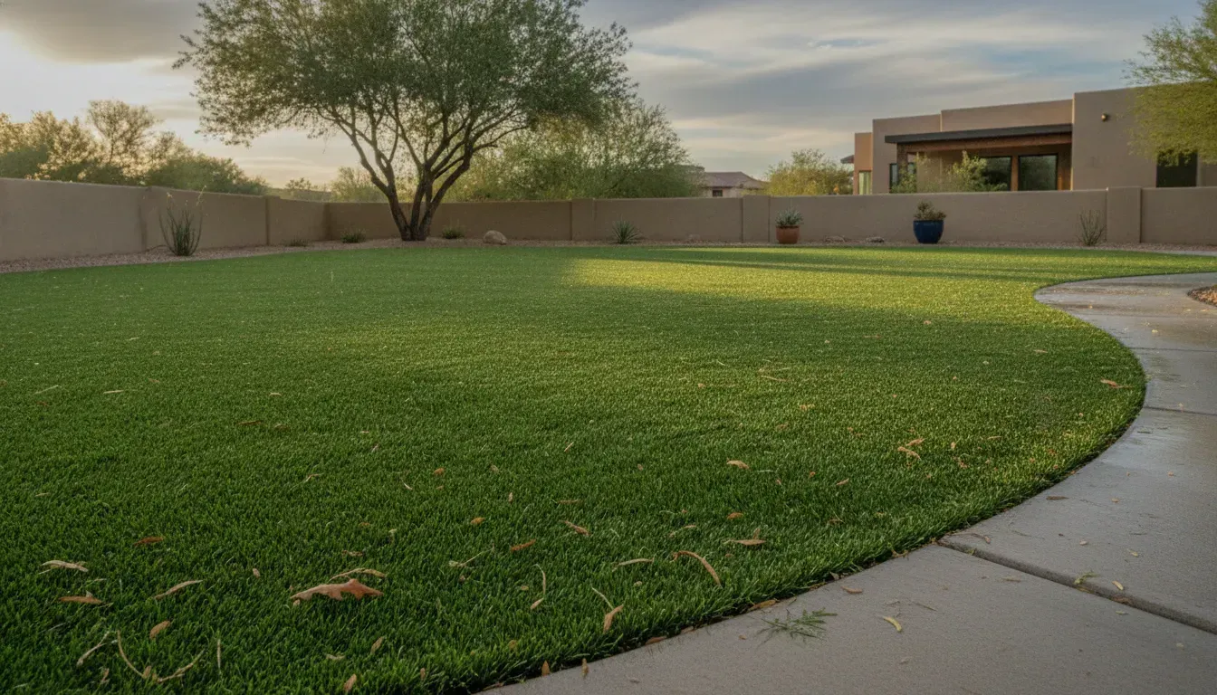 Wet artificial turf in a desert backyard after rain, with scattered leaves along a curved concrete b