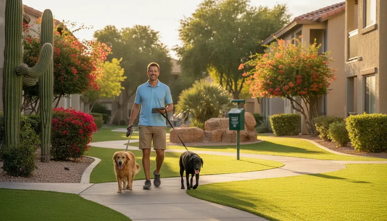 Sunny Las Vegas apartment courtyard with a property manager walking two dogs beside a clean pet wast