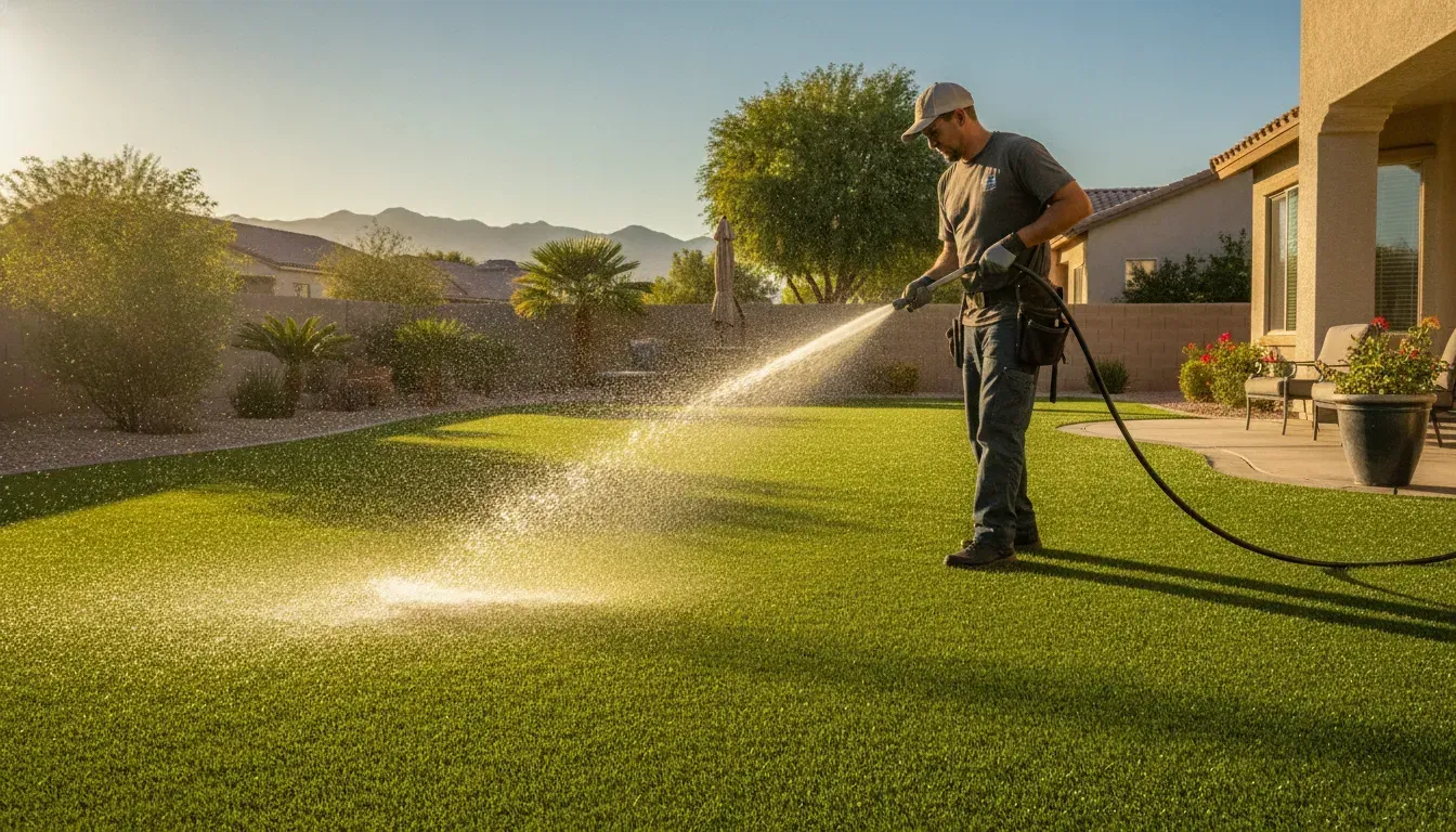 Technician cleaning bright artificial turf in a Las Vegas backyard