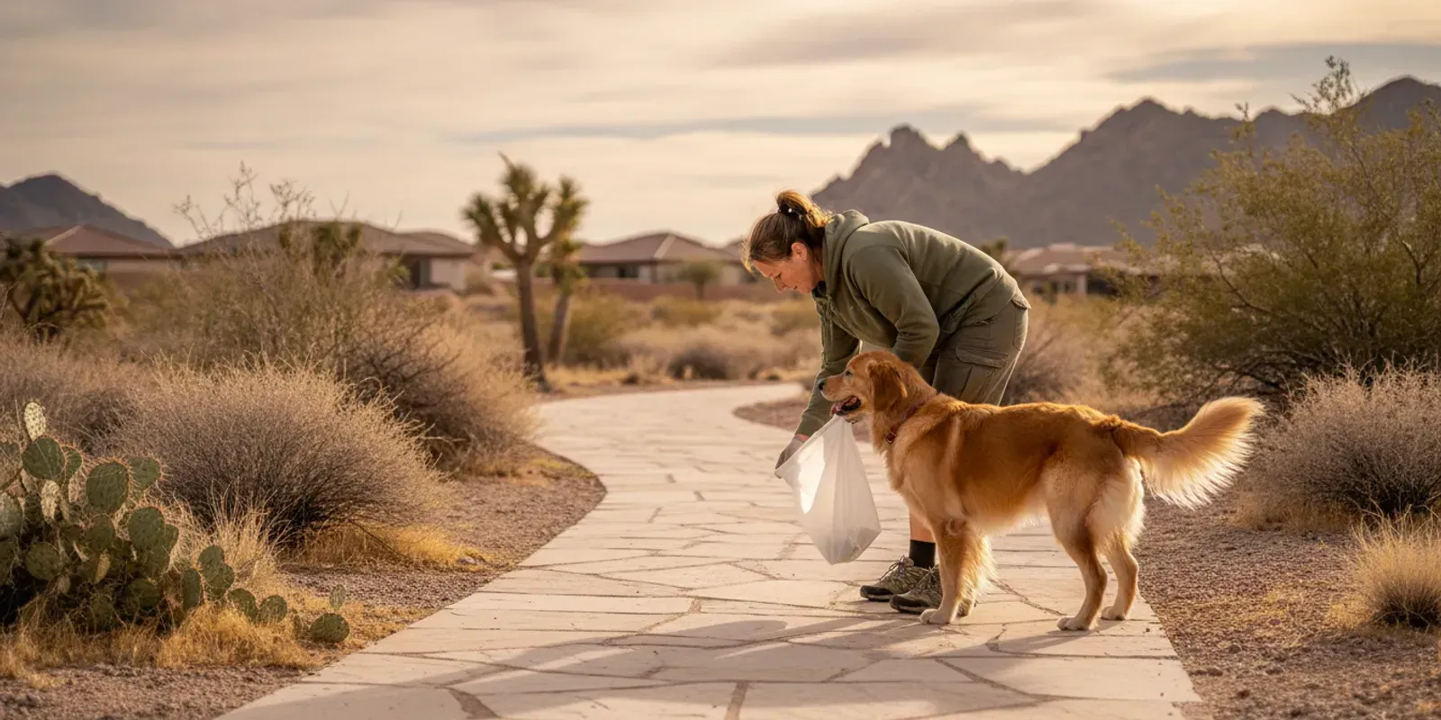 Dog owner using a biodegradable pet waste bag to pick up after a dog on a sunny Southern Nevada walk