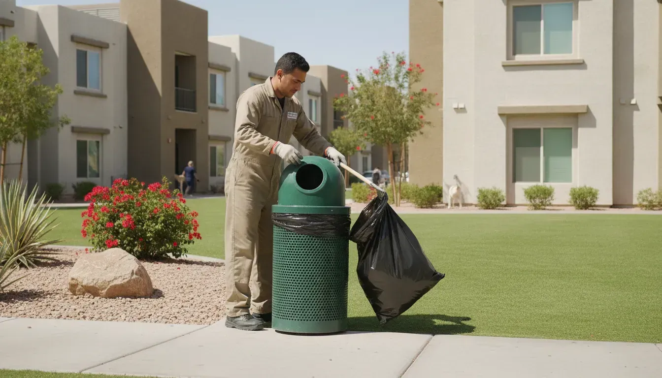 Las Vegas commercial pet waste service technician cleaning a dog waste station
