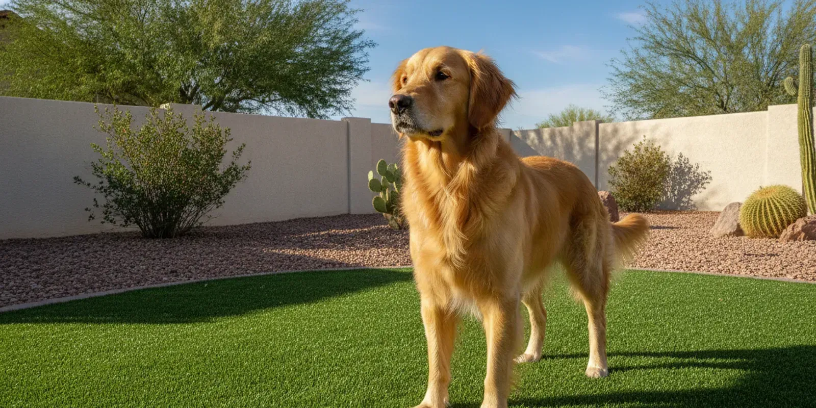 Dog on clean artificial grass with a pet owner tending the yard