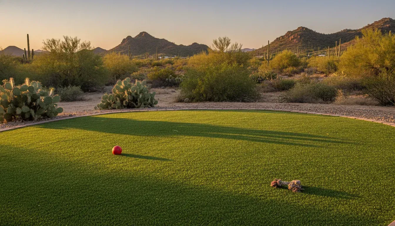 Pet-friendly artificial grass yard in the desert foothills at sunset