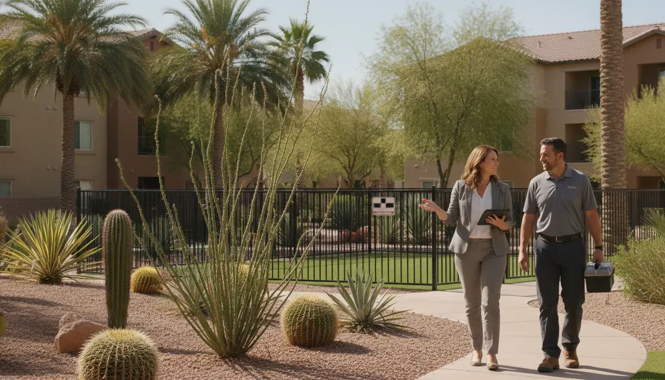 Las Vegas property manager and maintenance worker reviewing grounds near a fenced pet relief area