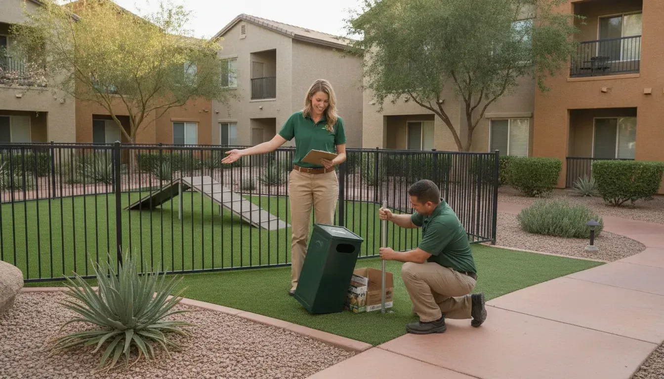 Pet waste service technician maintaining a clean dog waste station in a Las Vegas apartment complex 
