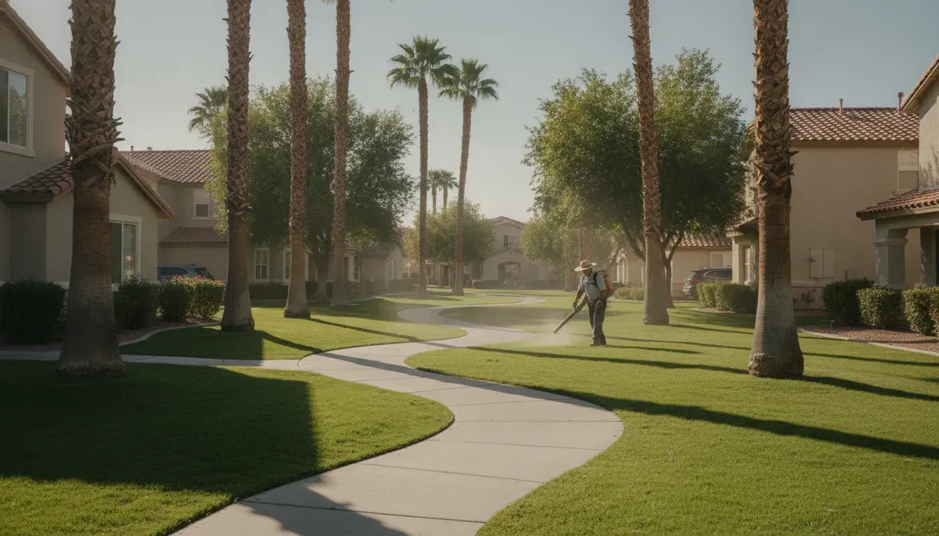 Clean HOA community common area with a landscaped walkway in Las Vegas
