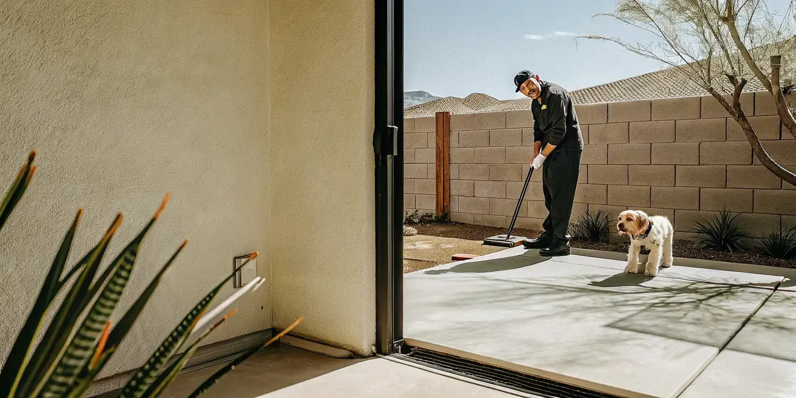 Professional pooper scooper service technician cleaning a Henderson backyard with desert landscaping