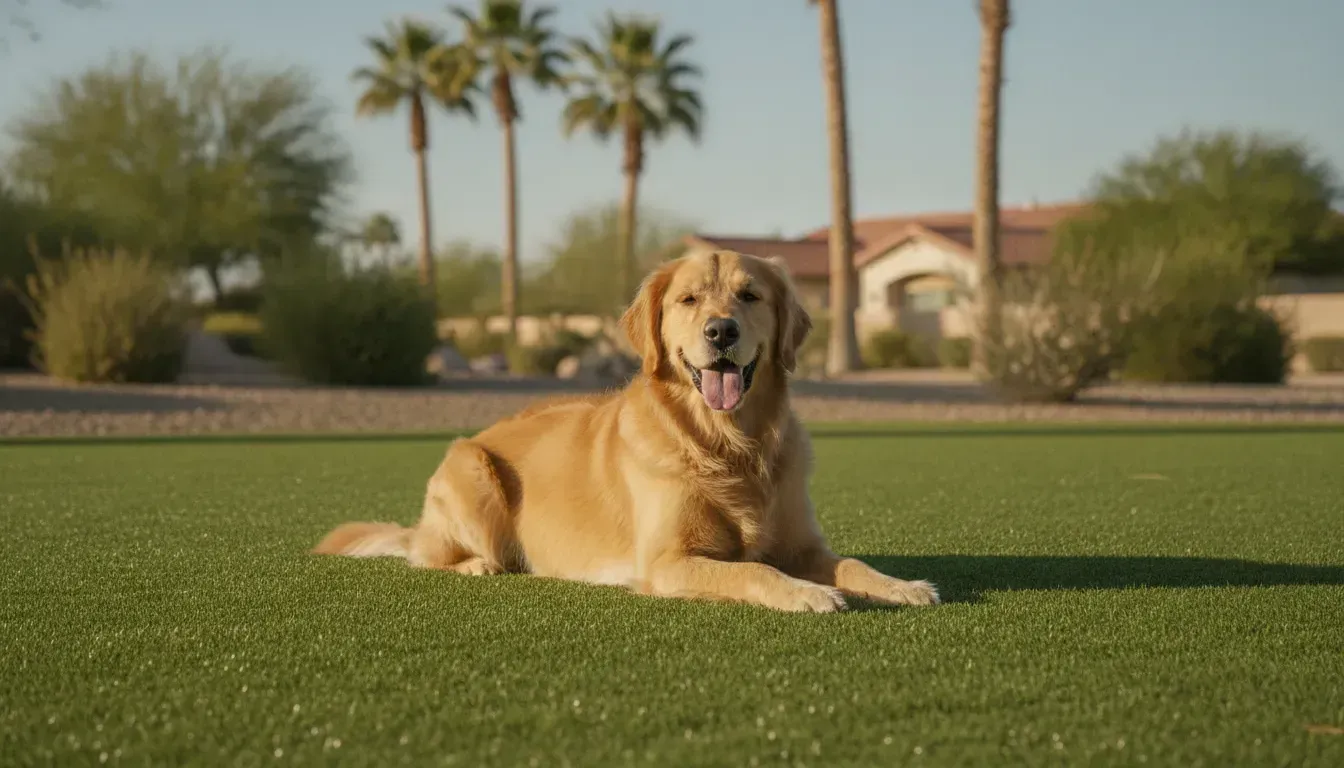 A golden retriever relaxing on clean artificial grass in a bright Las Vegas backyard