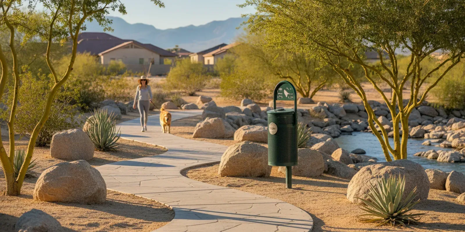 HOA community dog relief area with clean paths and a pet waste station