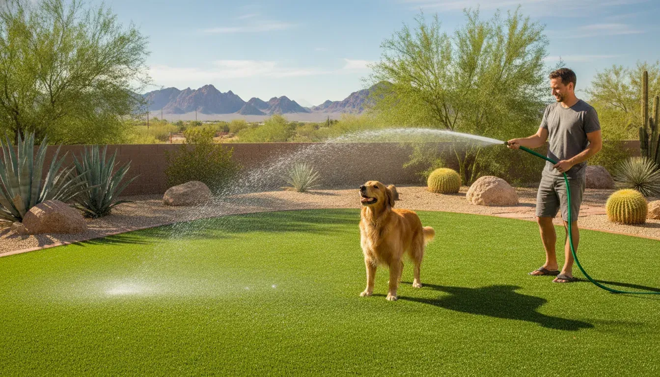 Bright artificial grass cleaning scene for dog urine odor control
