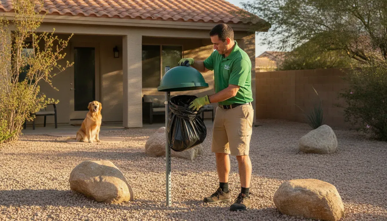 A1 Pet Maintenance technician cleaning a dog waste station in a sunny Southern Nevada yard