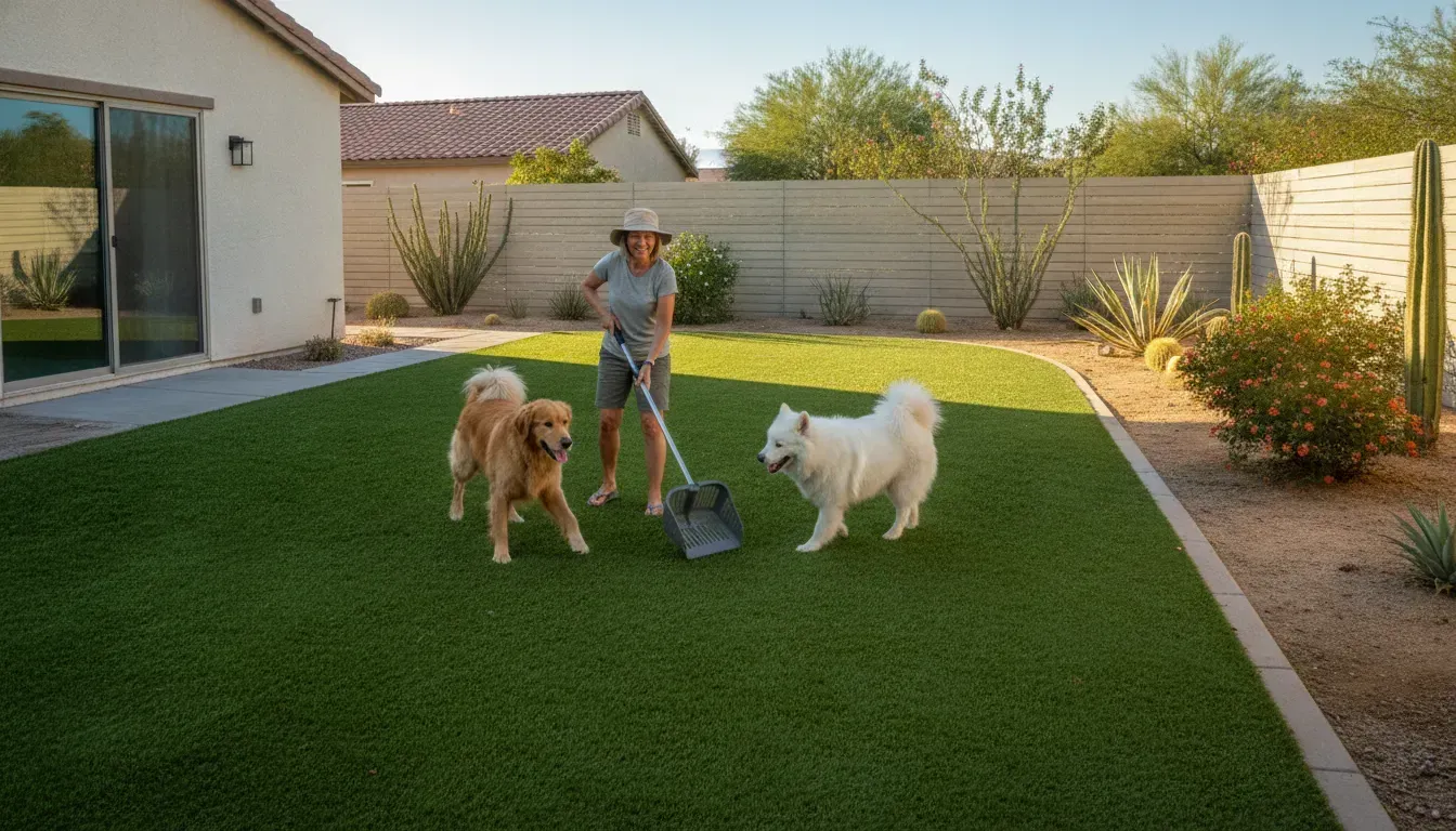 Dog poop cleanup for multiple dogs in a bright Las Vegas backyard