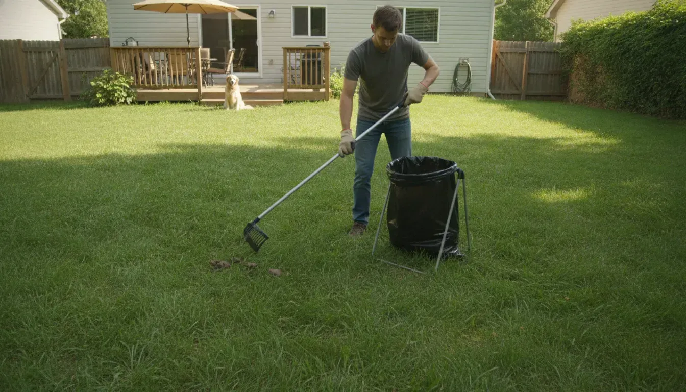 Dog poop cleanup tools in a large backyard