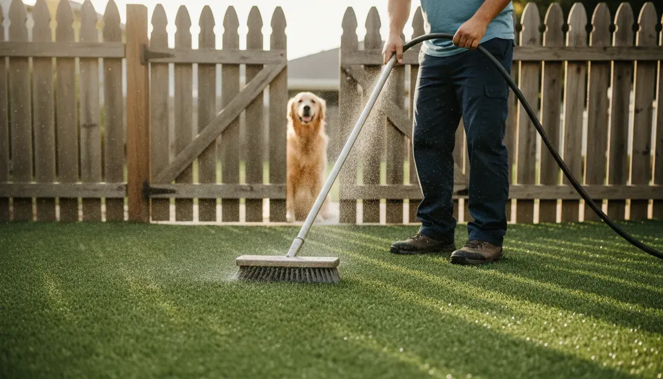 Professional artificial turf cleaning in a dog-friendly yard