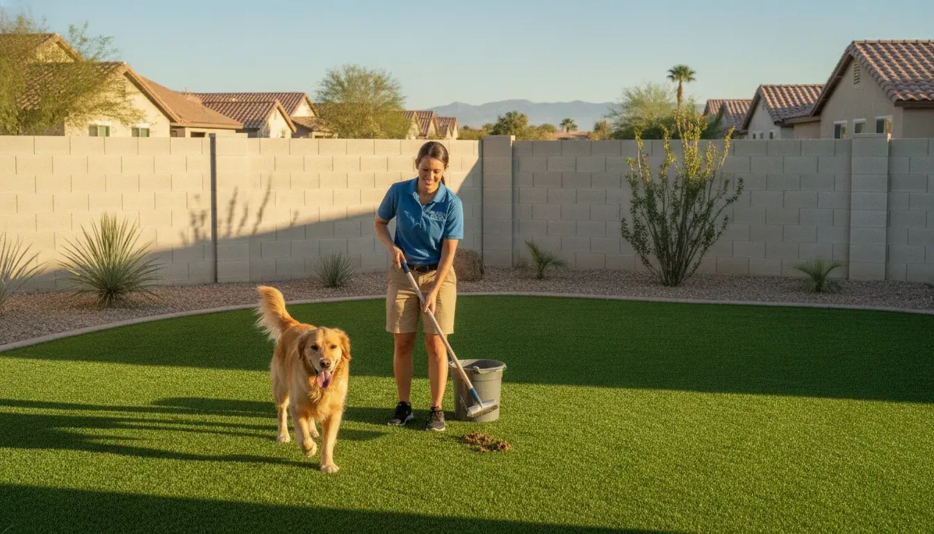 A1 Pet Maintenance technician caring for a bright Las Vegas yard with a dog