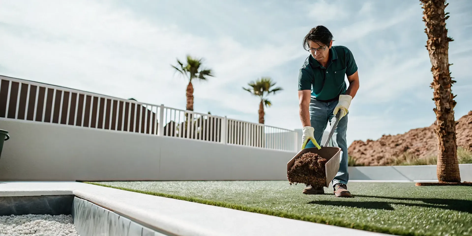 Pet waste technician scooping dog poop in a sunny Las Vegas backyard
