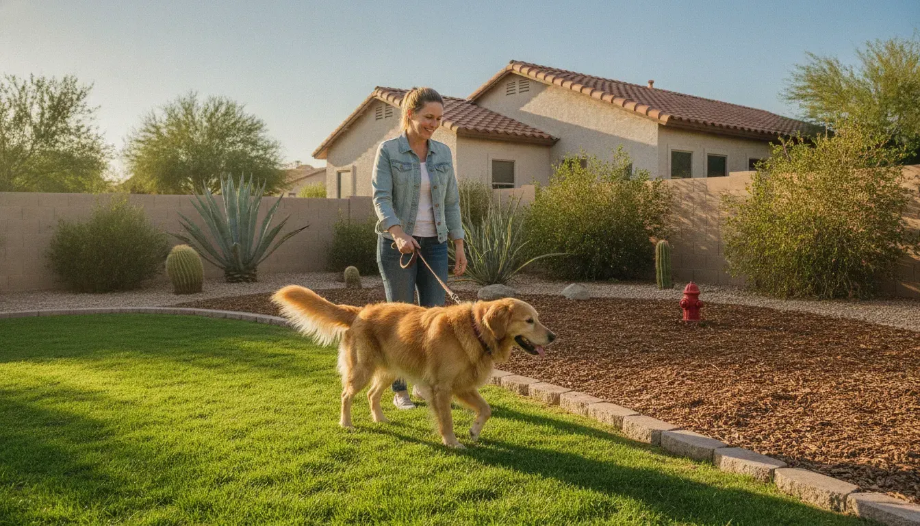 Dog and owner beside a designated relief area and clean lawn