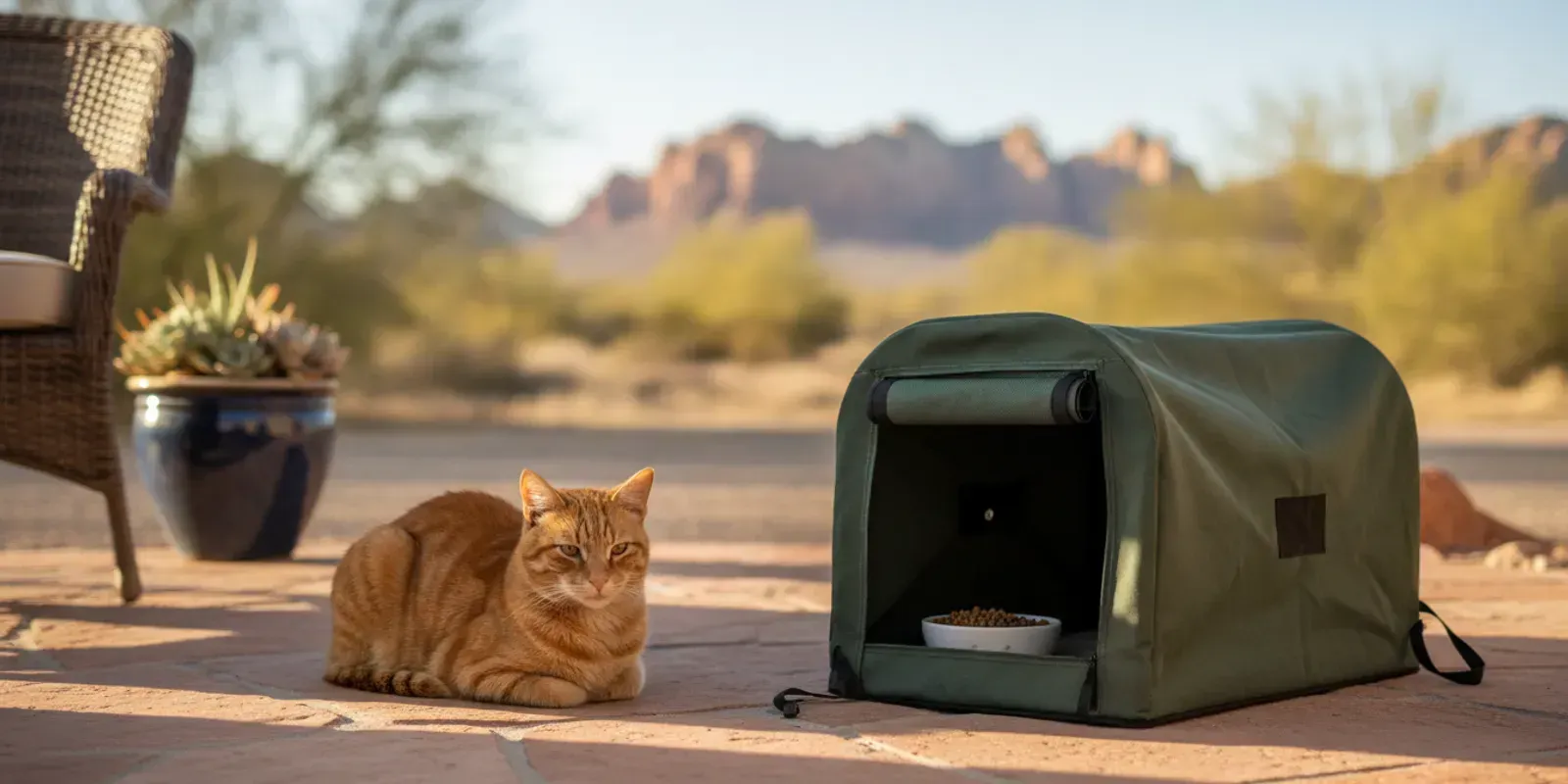 A covered humane cat trap placed securely in a quiet outdoor area