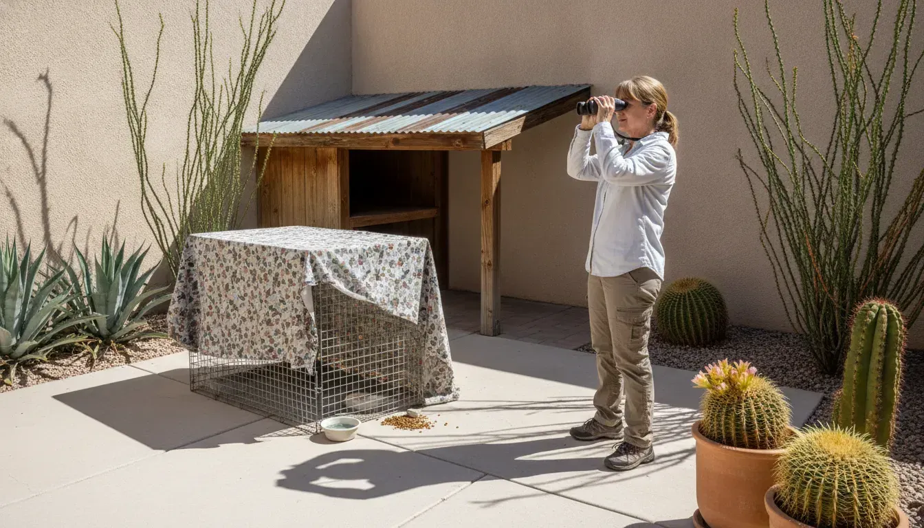 Property manager monitoring a covered humane cat trap in Las Vegas