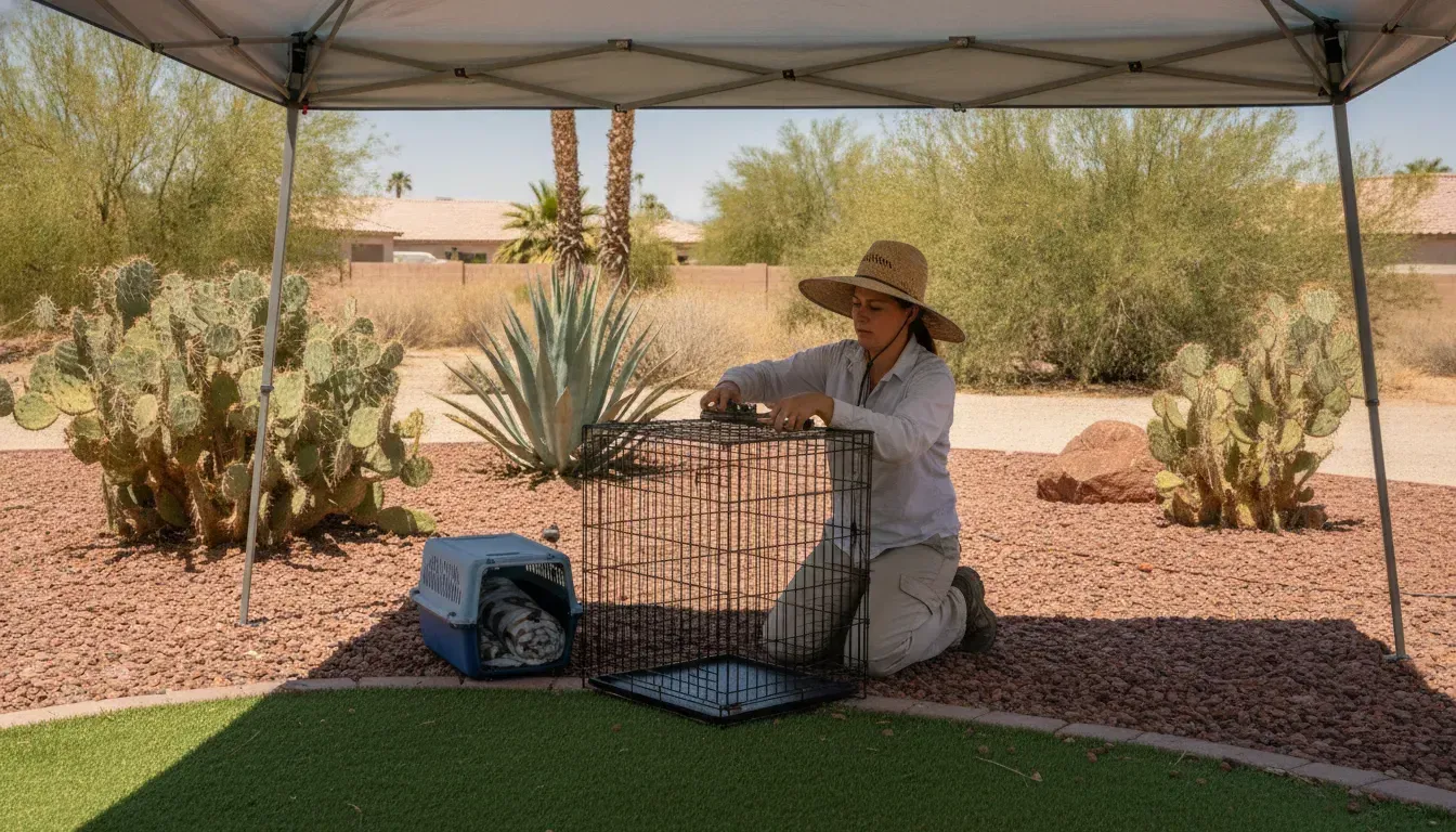 Las Vegas HOA team preparing a shaded humane feral cat trap rental area