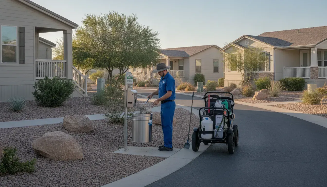 Professional mobile home park dog waste removal technician servicing a clean community pet area