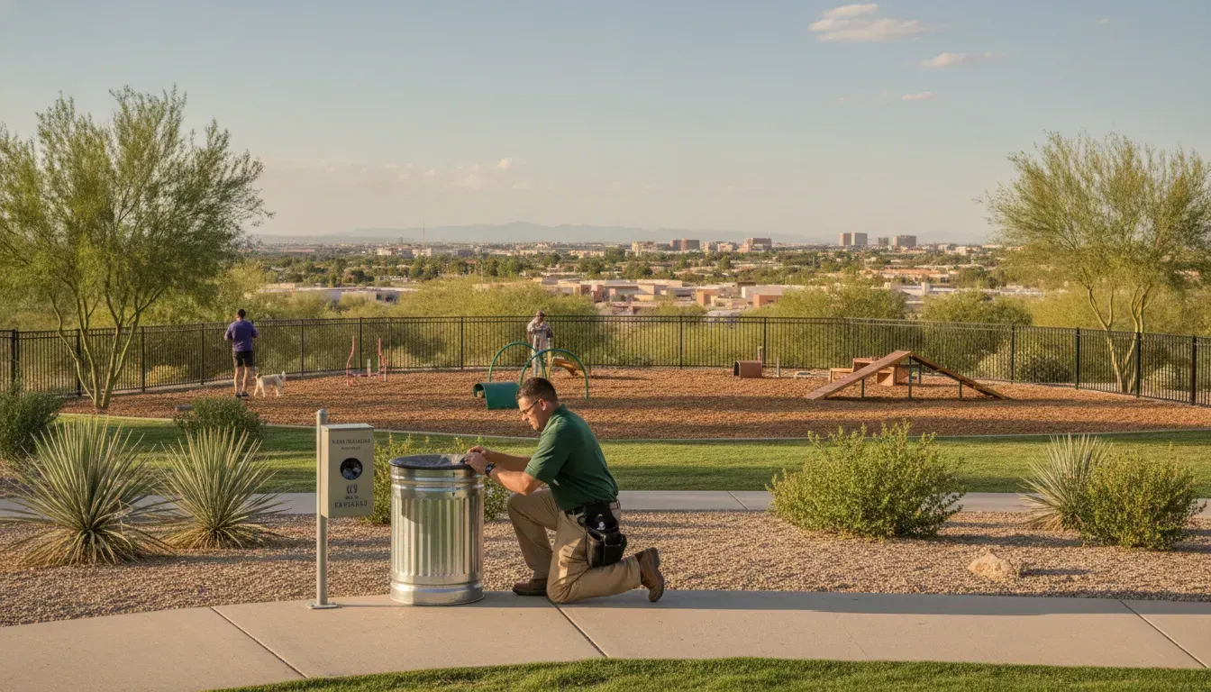 Municipal parks worker inspecting a clean dog park and waste station