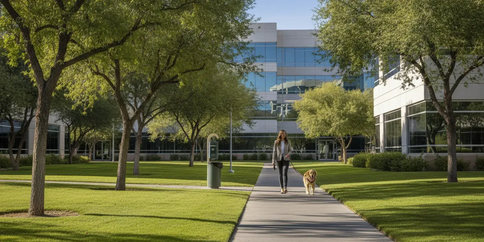 Bright, clean Las Vegas office park lawn with a dog walking beside its owner on a paved path