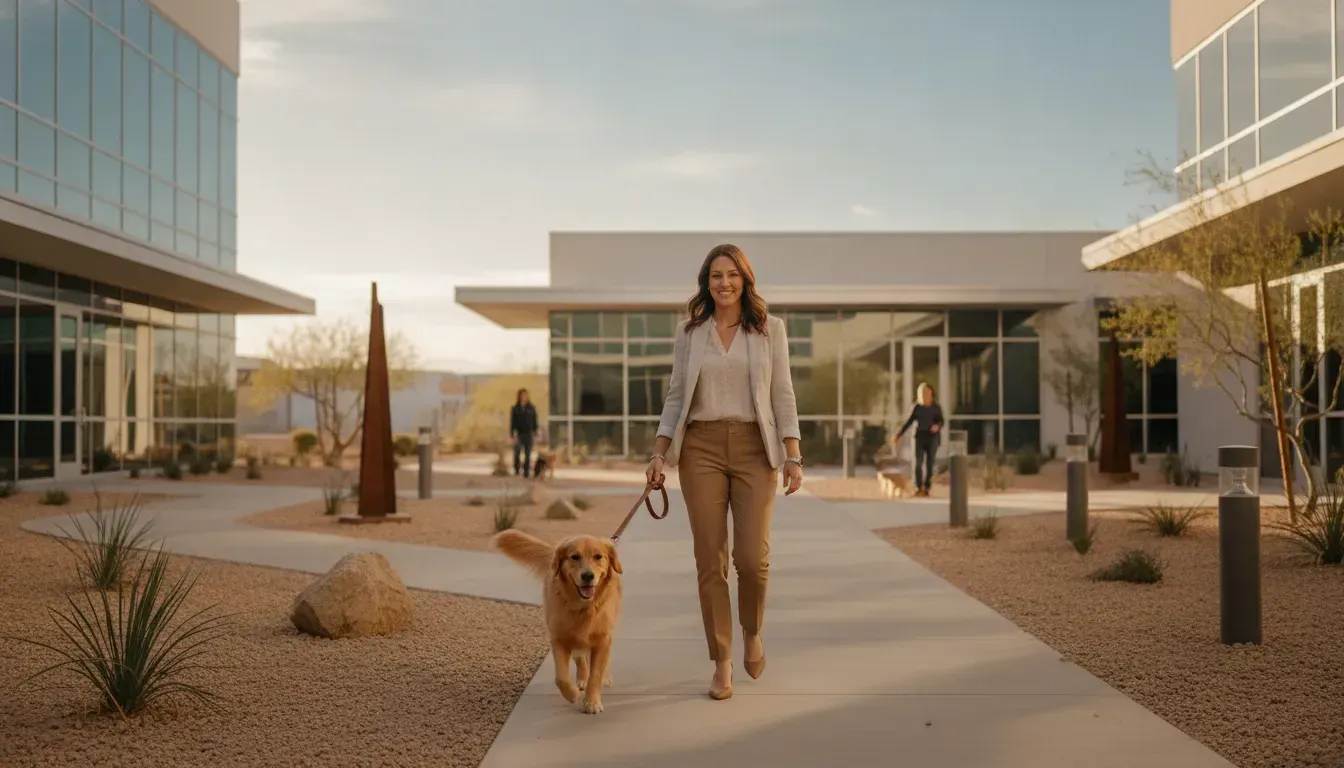 Property manager walking a dog on a pet-friendly Las Vegas commercial property