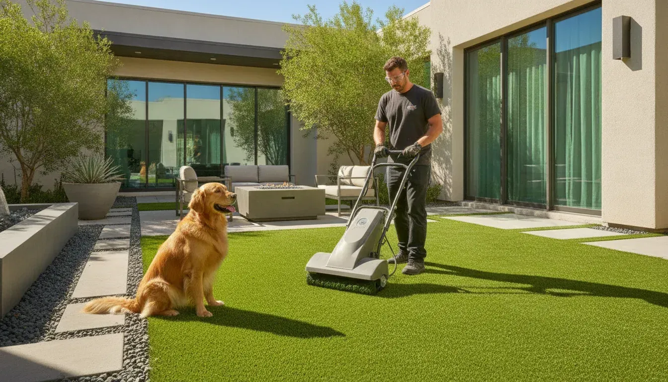 Professional pet-friendly turf cleaning service technician maintaining bright artificial grass in a 