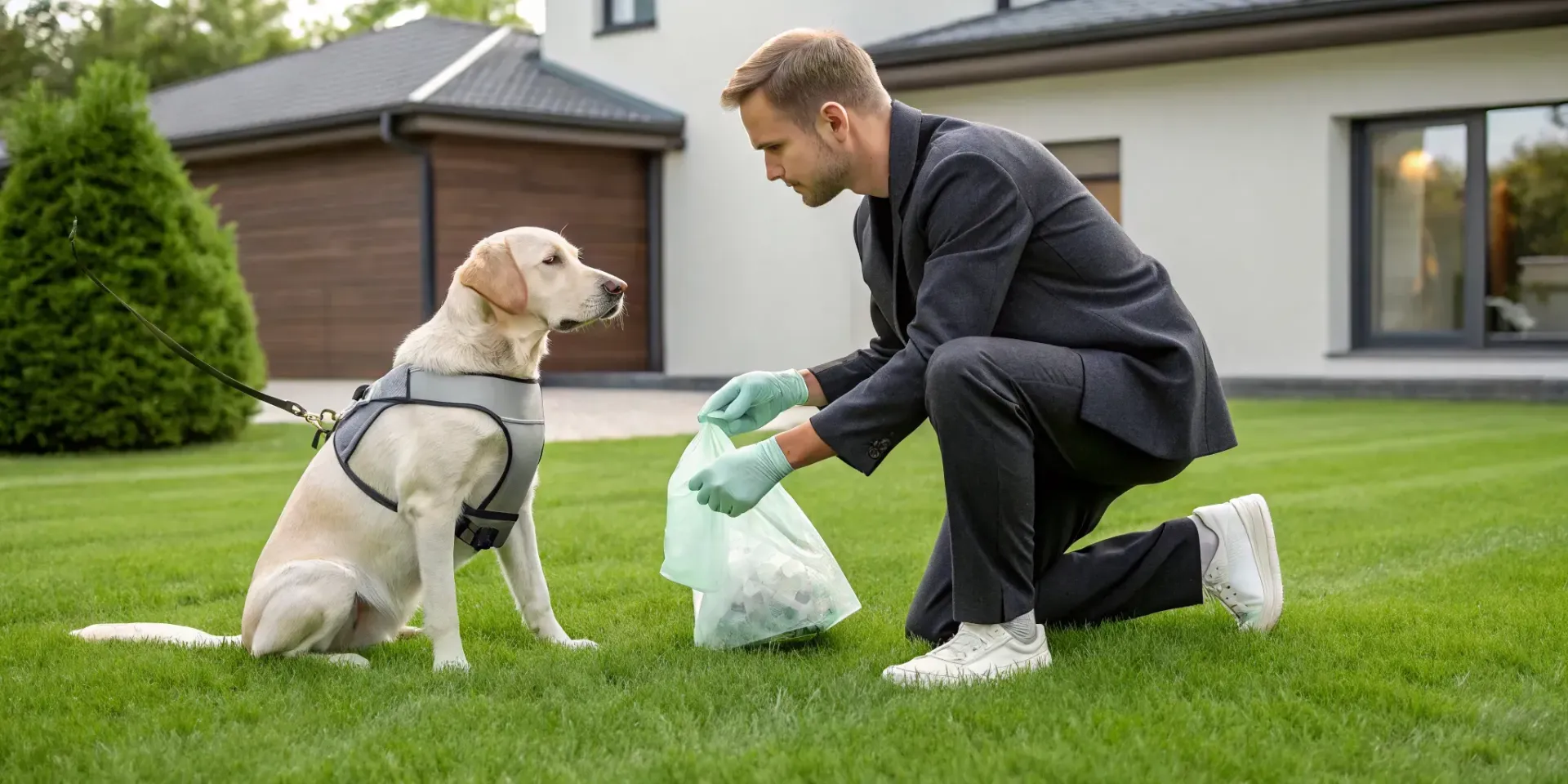 Professional pet poop removal service cleaning dog waste from a lawn.