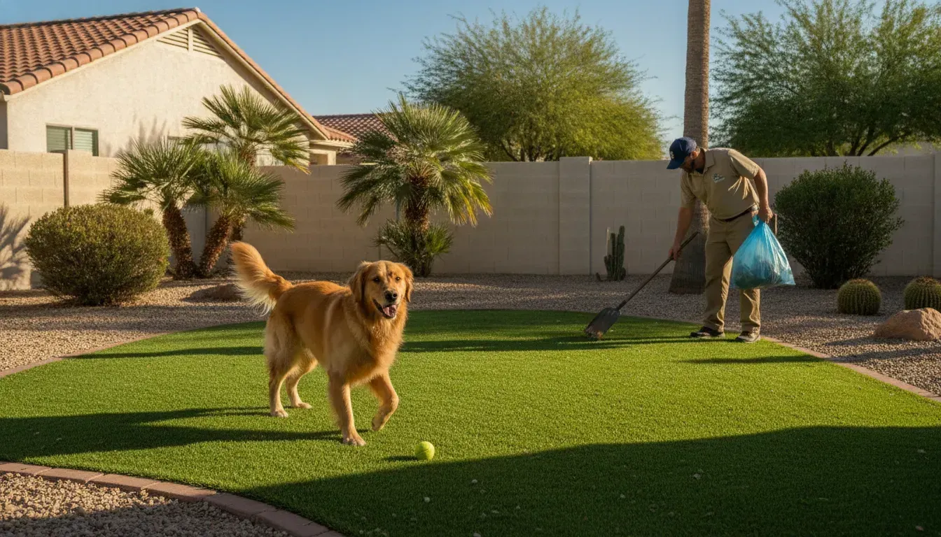 Bright backyard with a dog and pet waste cleanup professional