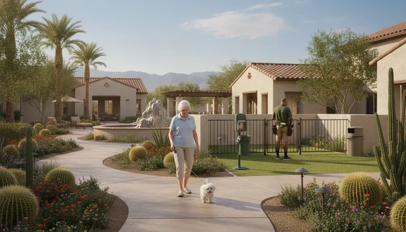 Pet waste removal for senior living communities Las Vegas in a clean community courtyard
