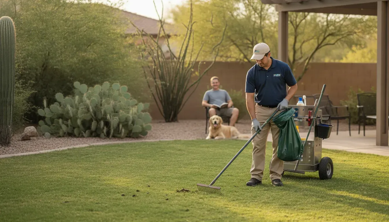 Pooper scooper service Marana technician cleaning a sunny backyard