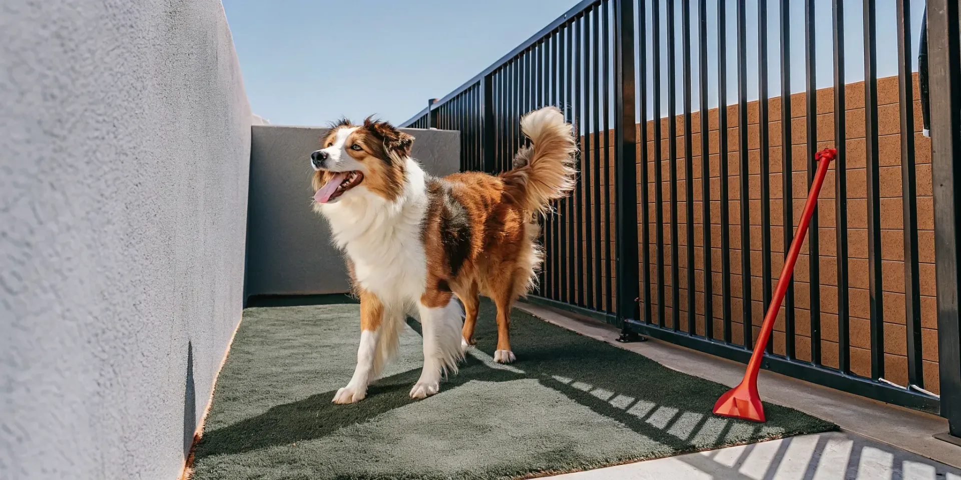 Dog in a sunny Las Vegas backyard with artificial turf and a pooper scooper