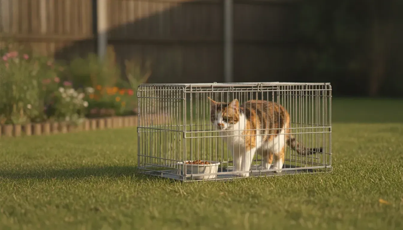 Humane box trap with a stray cat in a bright residential yard