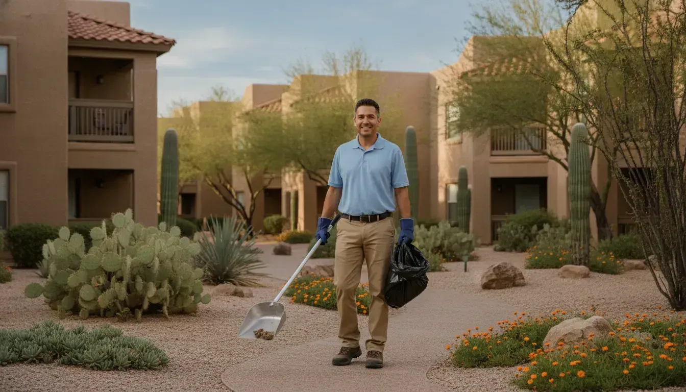 Tucson pet waste removal for rentals in a clean desert apartment courtyard