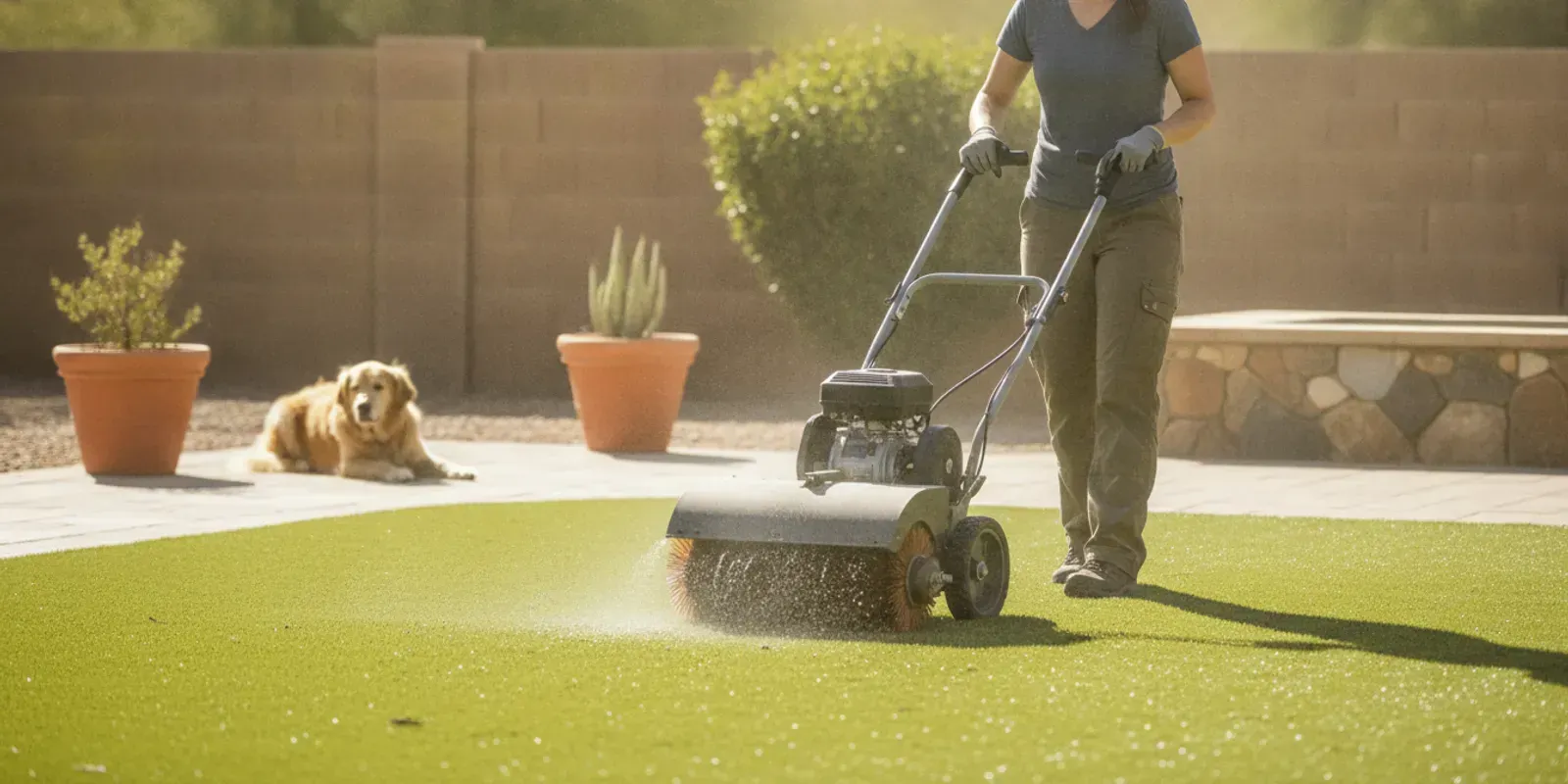 Bright artificial turf being cleaned in a sunny Las Vegas backyard with a dog nearby
