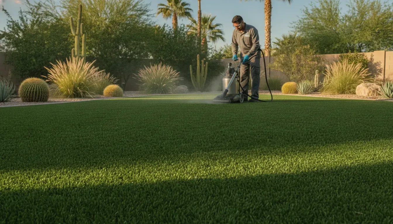 Turf deodorizing service technician cleaning artificial grass in a sunny desert yard.