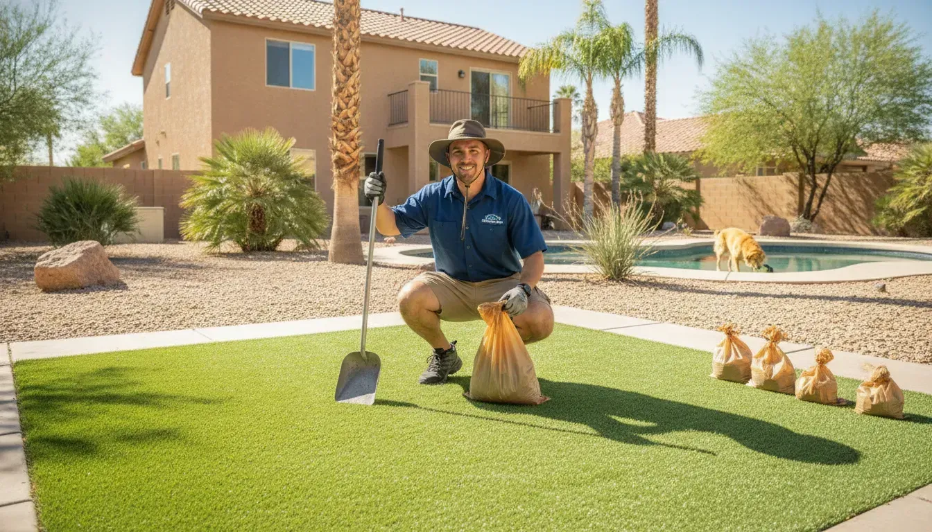 What is a pooper scooper service? Technician cleaning a bright Las Vegas yard