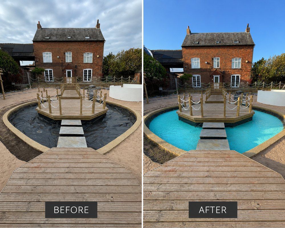 Before and after comparison of the lagoon, first lined and empty, then filled with blue water around the rope-edged island deck and stepping stones