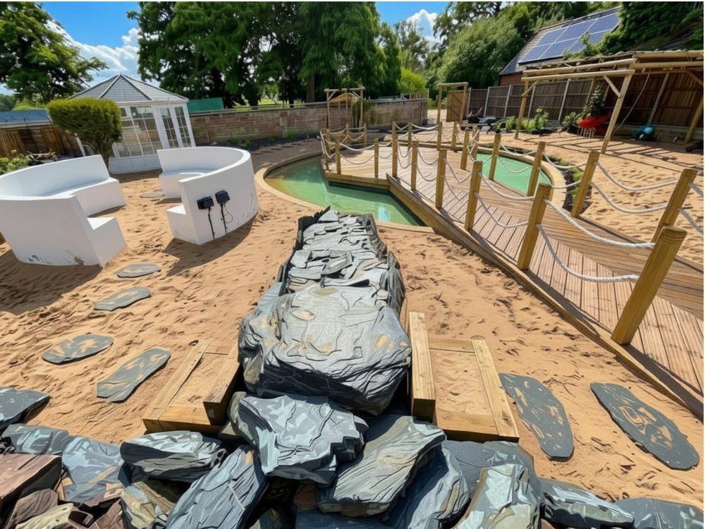 Stacked slate rock waterfall running through beach sand towards the lagoon, with curved rendered seating and a rope-edged boardwalk alongside