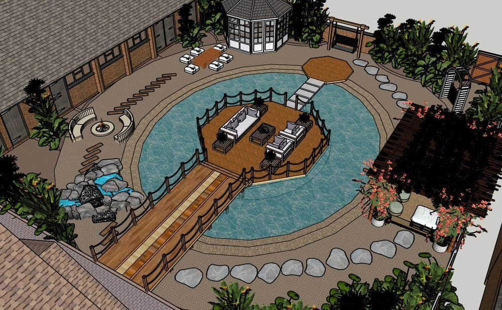 3D garden design model showing the lagoon, rope-edged jetty and island deck, rock waterfall, curved fire pit seating and pergola beside a brick barn