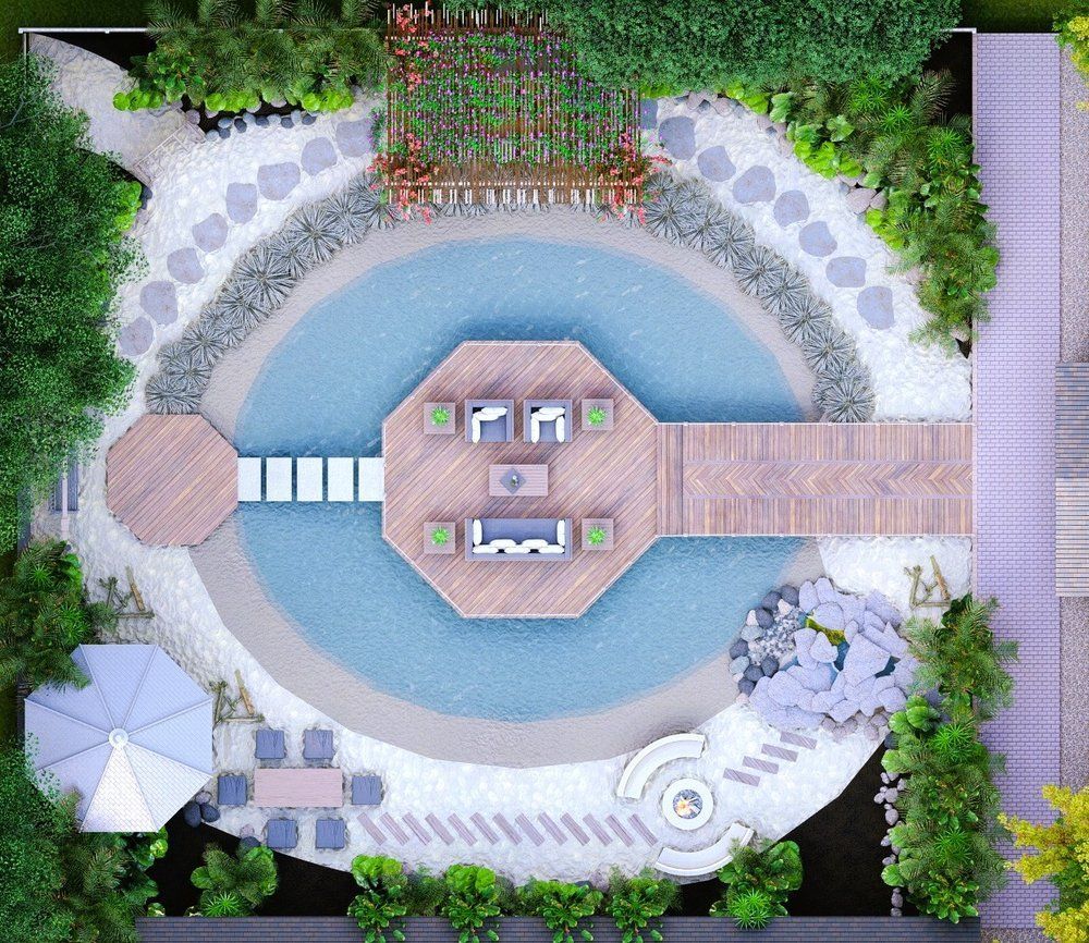 Top-down garden design render showing a lagoon, octagonal island deck, jetty, stepping stones, rock waterfall, pergola and fire pit