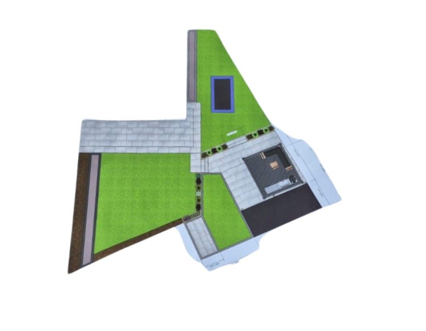 Colour plan view of the Coundon garden design showing the angled plot, porcelain paving, lawns, raised beds and pergola